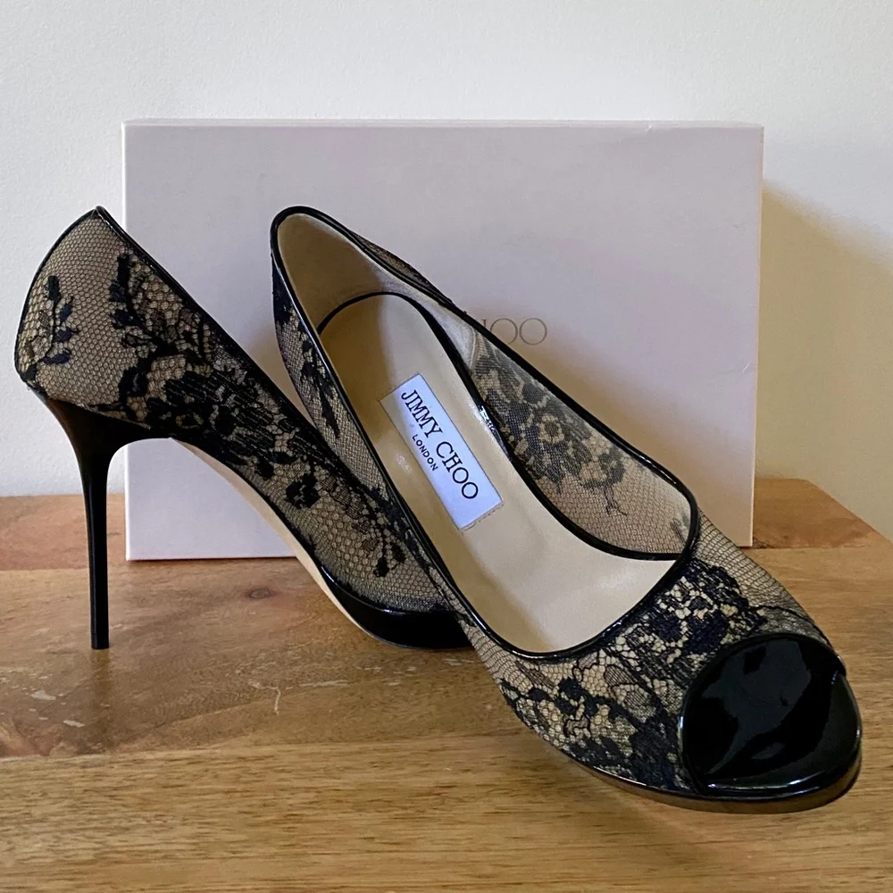 Jimmy Choo Black Luna Lace Platform Pumps Size  US9 NEW